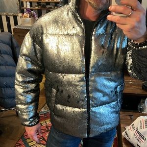Oversized Silver sequin Mens parka puffy winter coat warm and stylish